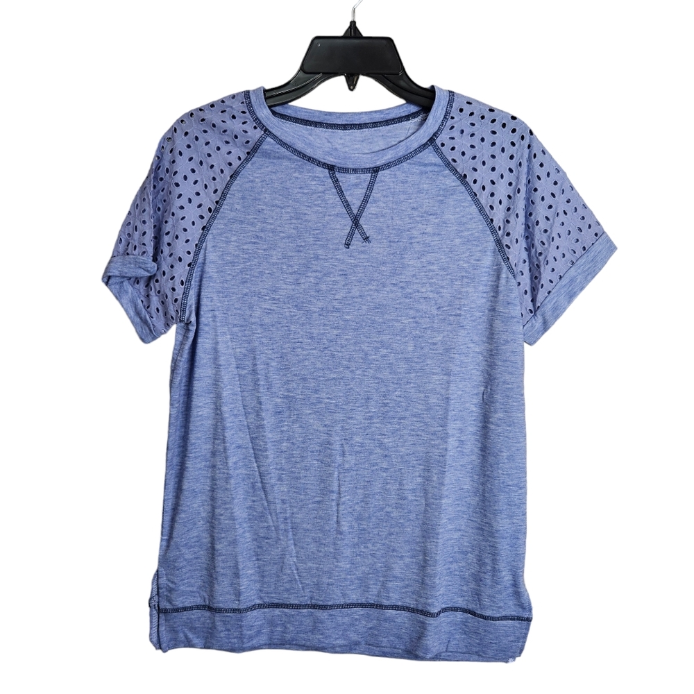 Women's Blue Short Eyelet Sleeve Casual Tee T-shirt NWOT Ladies Size Small - Picture 1 of 10
